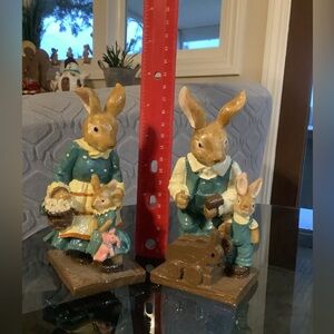 Set of 2 Multicolor Ceramic Hand Painted Bunny Family Figurines, Easter, 6 in